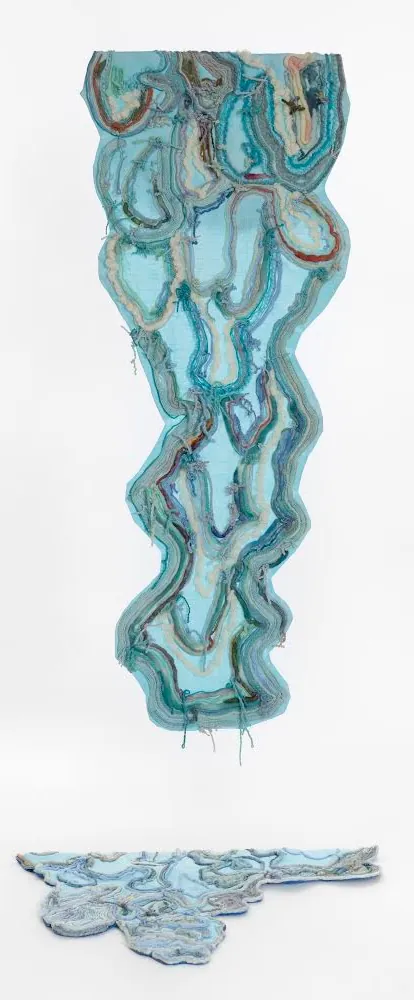 5' x 22". Hand dyed yarn applied and embroidered. Acrylic paint.