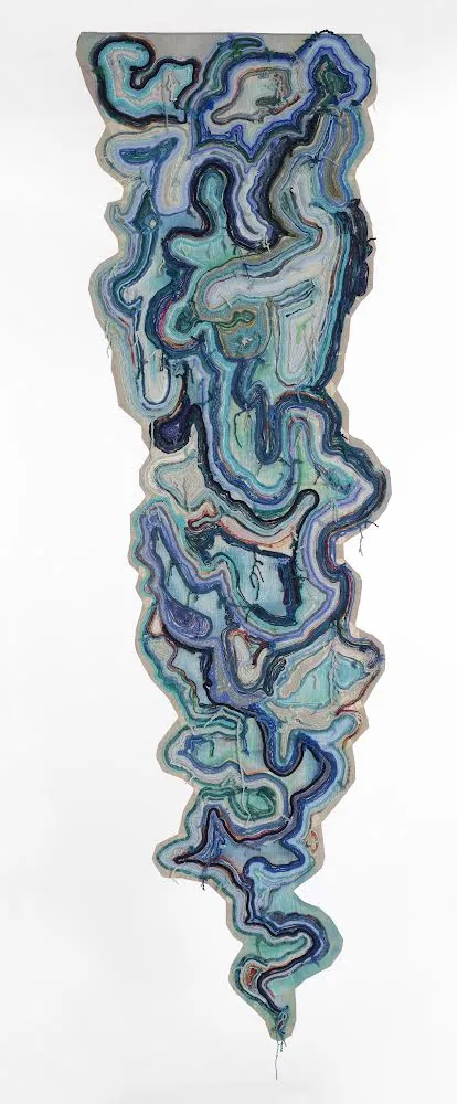 9' x 36". Hand dyed yarn applied and embroidered. Acrylic paint.