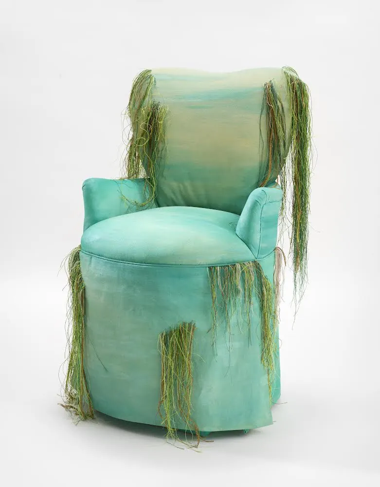 "Because I say so. (signed) Mother Nature" 2022. Reupholstered w/cotton canvas painted w/acrylic paint. Embroidered threads.