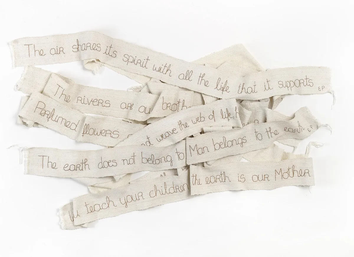 “Chief Seattle’s words to the President “ 2019. 7 panels of cotton woven cloth. Hand embroidered with metallic threads. 5’ x 5” each