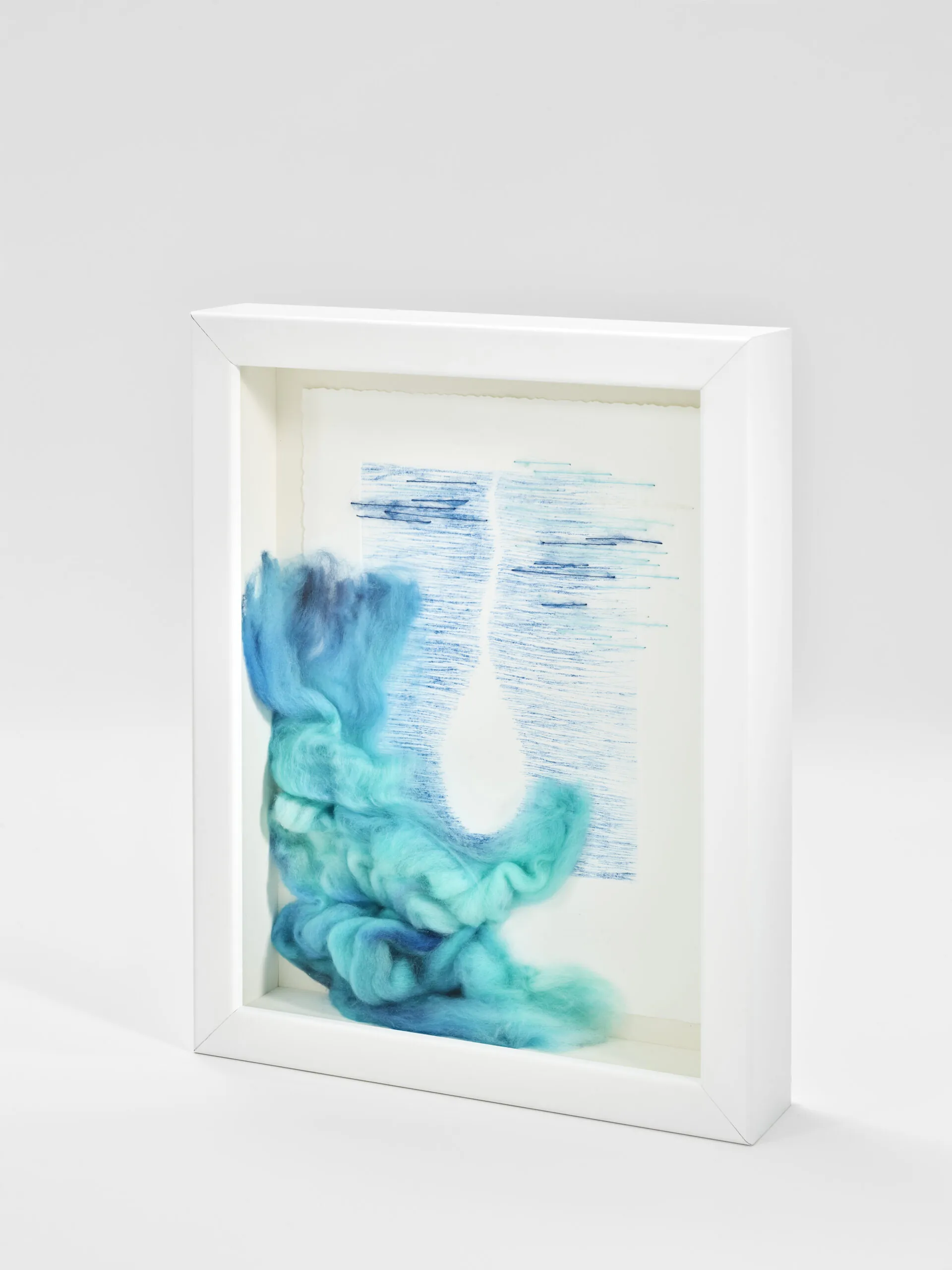 "Every Drop Counts, Edition II". 2025. 14" x 12" x 3" Each. Manually altered etching on paper, wool roving and stitching in acrylic shadow box.