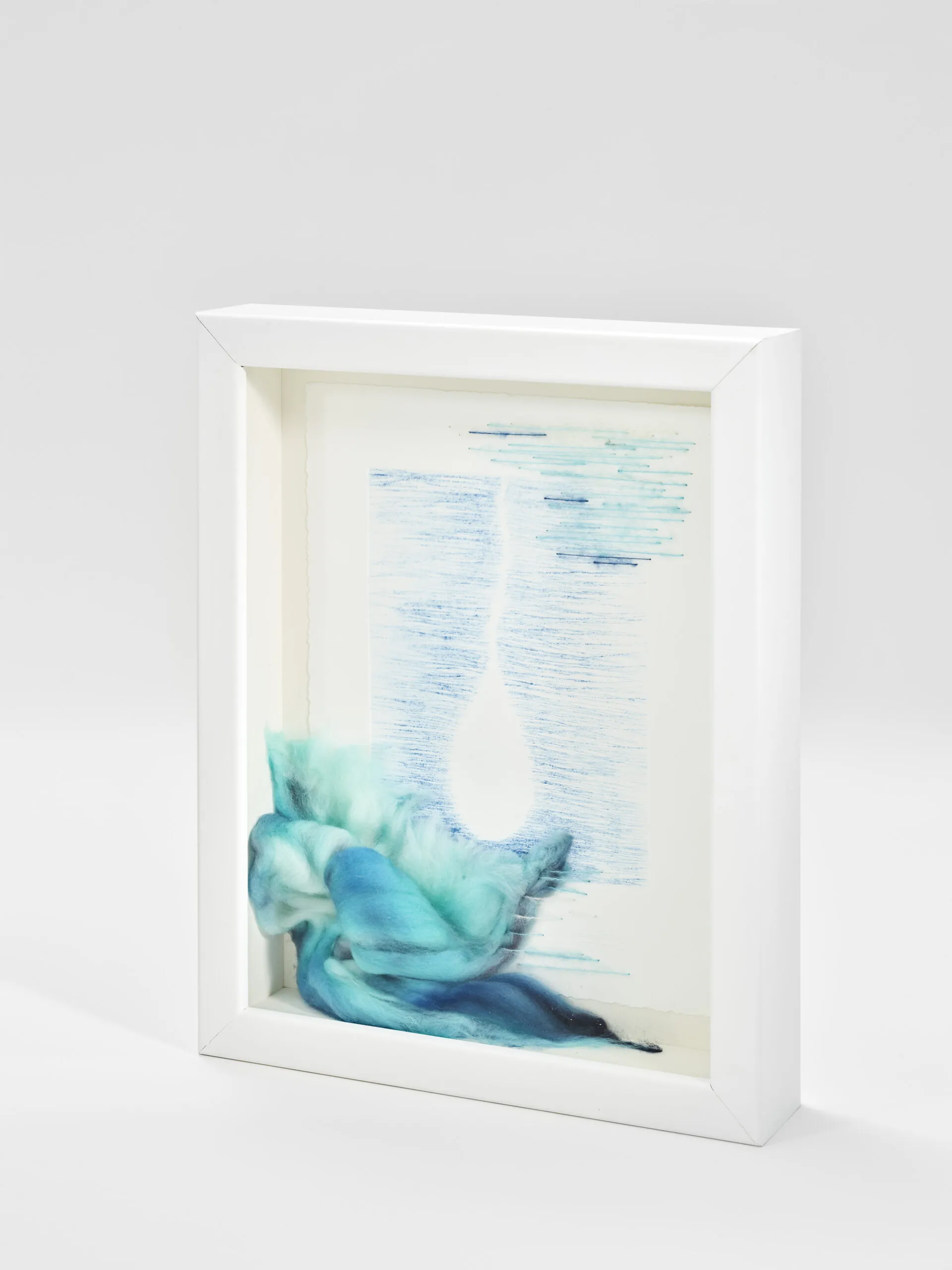 "Every Drop Counts, Edition II". 2025. 14" x 12" x 3" Each. Manually altered etching on paper, wool roving and stitching in acrylic shadow box.