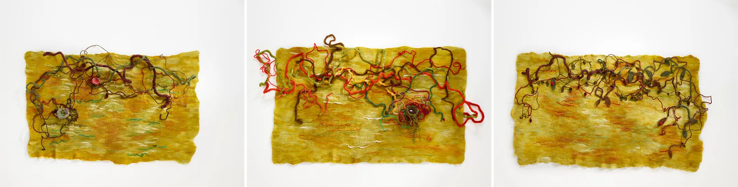 "Felt Landscapes". 2024. 4' x 6.5' each panel. Wet Felting with hand dyed malabrigo yarn.