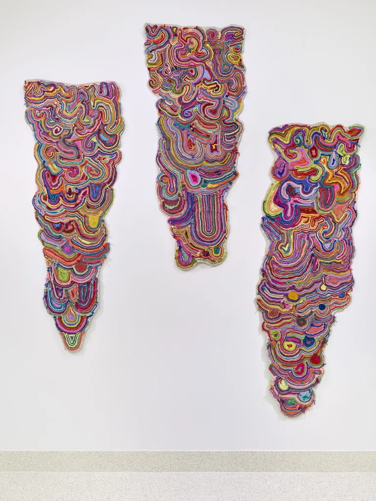 "Free Spirit" 2021. 3 panels, 80" x 30" each. Hand-dyed yarn applied and embroidered onto cotton canvas painted with acrylic paint.