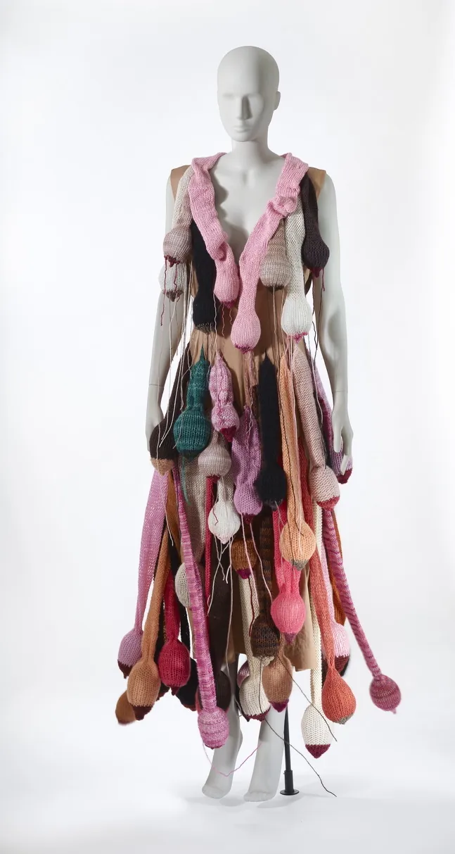 "Free to Hang" 2023. Refashioned cotton dress. Hand knit sculptures with merino yarn, wire.
