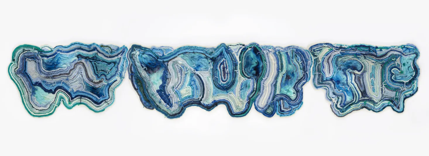 "Ocean Minded". 2025. 2' x 22'. Hand-dyed yarn applied and embroidered onto cotton canvas painted with acrylic paint.