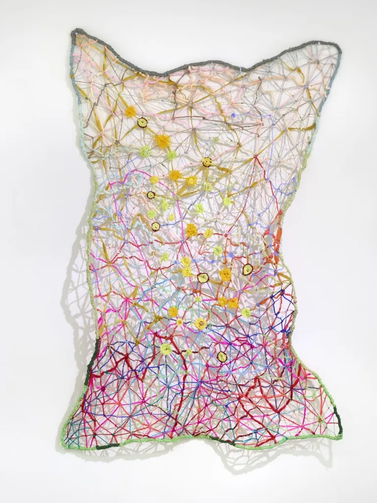 "Past, Present and Future Connections". 2020. 60" x 40". Free form weaving with cotton thread, linen and hand-dyed yarns in a metal grid.