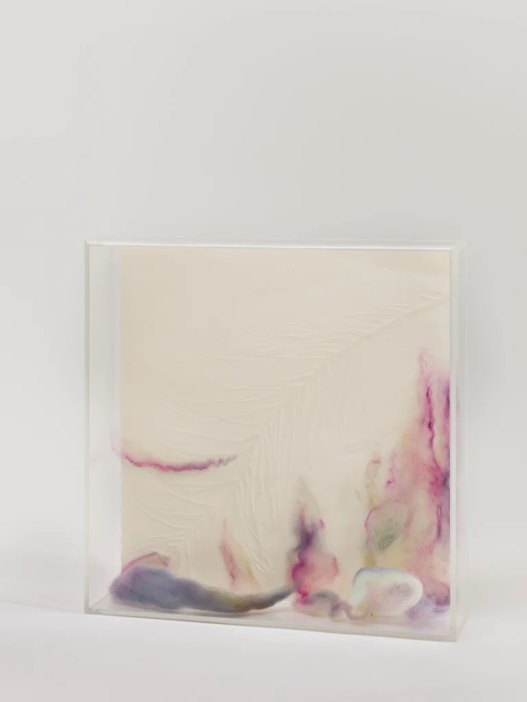 Embossed acid-free paper. Hand-dyed merino roving wool. Acrylic boxes 12" x 12" x 3"