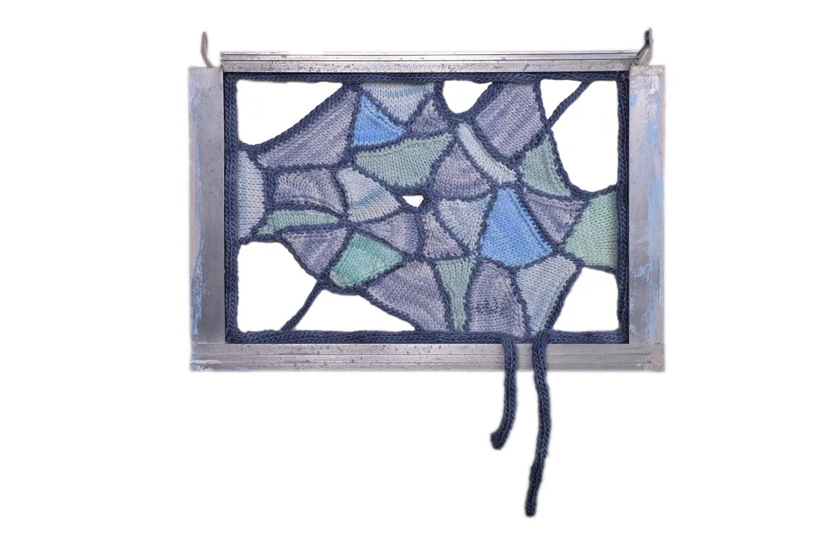 "Shattered" 2017. 18" x 12" x 1 1/2". Hand dyed merino wool on reclaimed window frame.