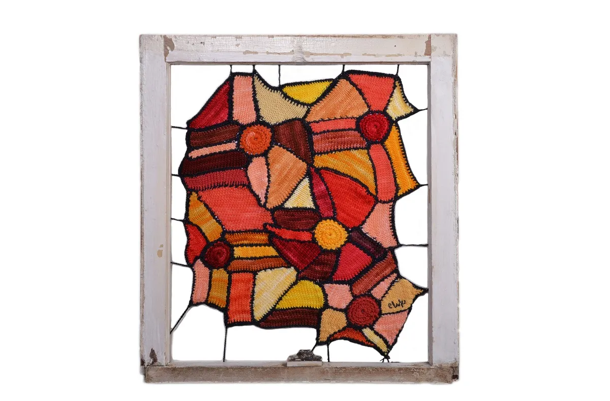 "The Fire Within" 2017. 27" x 24" x 1 1/2". Hand dyed wool on reclaimed window frame.